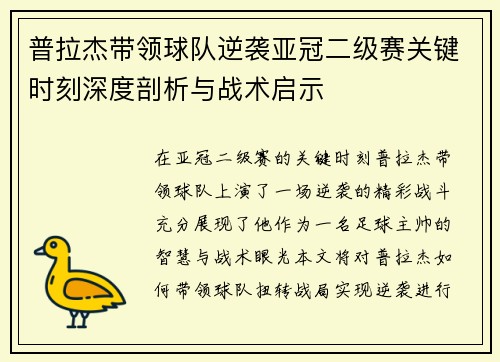普拉杰带领球队逆袭亚冠二级赛关键时刻深度剖析与战术启示